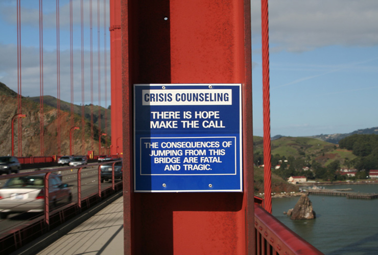 As a suicide prevention initiative, this sign on California's Golden Gate Bridge promotes a special telephone that connects to a crisis hotline. 
