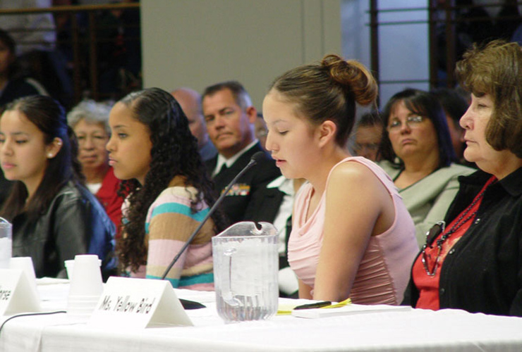 Michelle Fast Horse, a senior at Standing Rock Community School, testifies before a May 2, 2005 hearing of the U.S. Senate Committee on Indian Affairs. She, like, many others on her reservation, have lost friends to suicide. Convened by Sen. Byron Dorgan, the hearing is the first ever held to address teen suicide. Photo courtesy of United States Senate