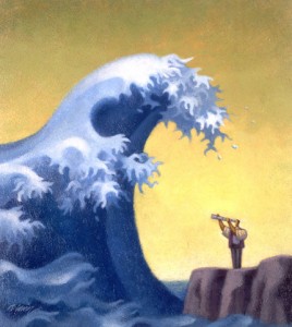Man With Telescope Facing Large Wave